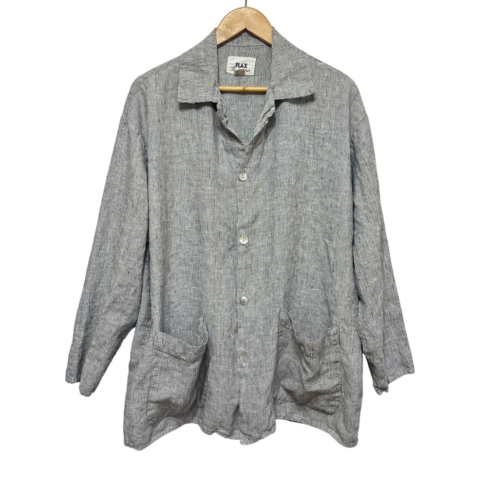 FLAX Linen Button Down Shirt Womens Large Blue Striped Pockets Lagenlook